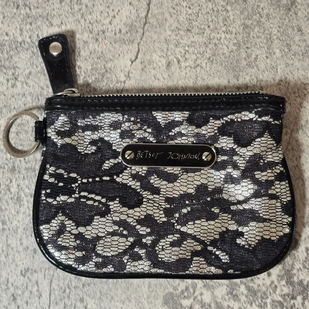 BETSEY JOHNSON White & Black Lace Stud Clutch Wristlet W/ mixed metal Hardware